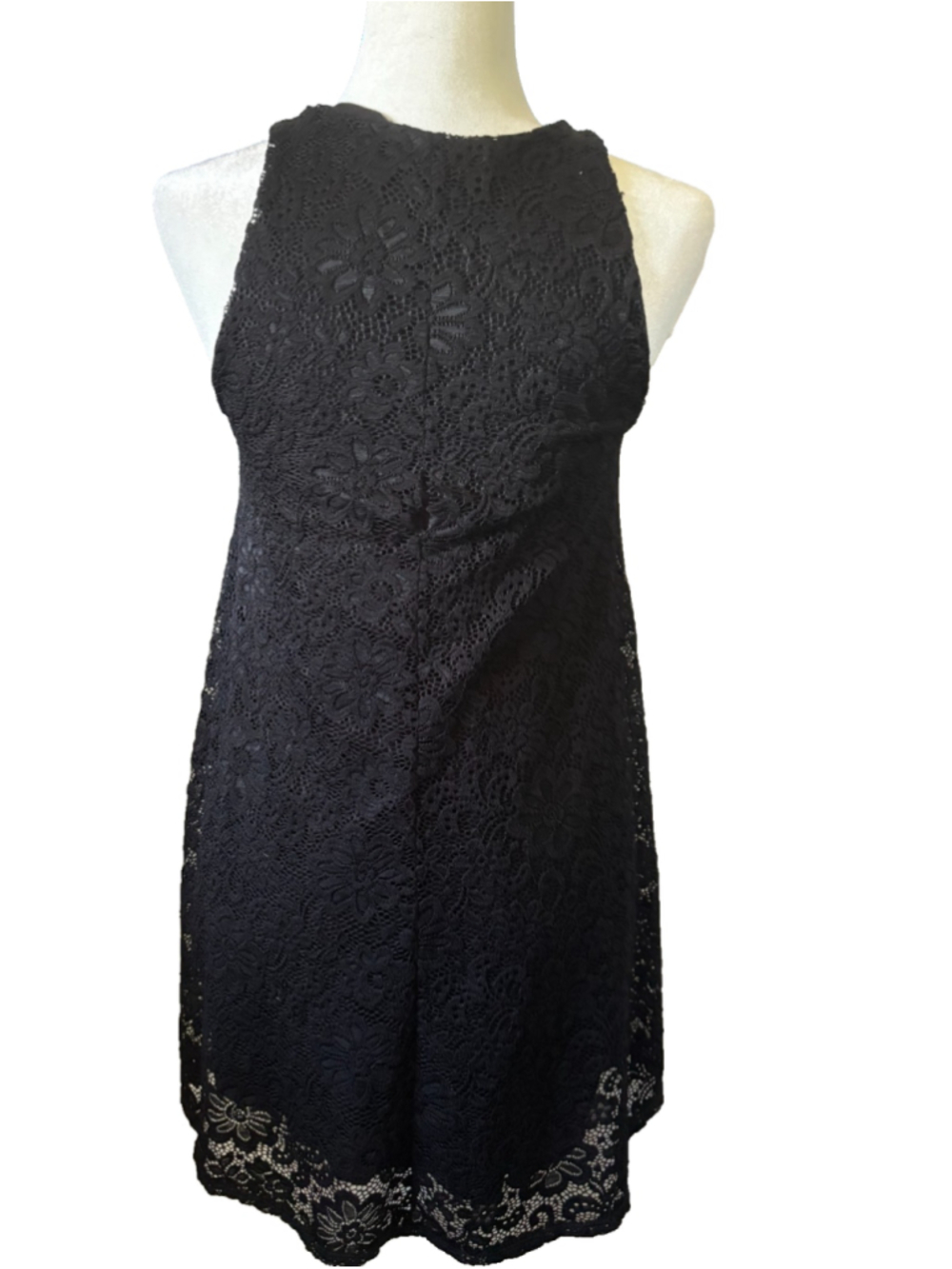 Black Floral Lace Shift Dress Sleeveless High Neck Mini Boho Party Size Small